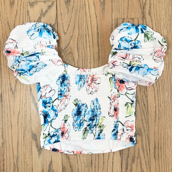 Abercrombie & Fitch Multi Colored Floral Puff Sleeve Crop Top Smocked Pleated XS - Picture 8 of 14